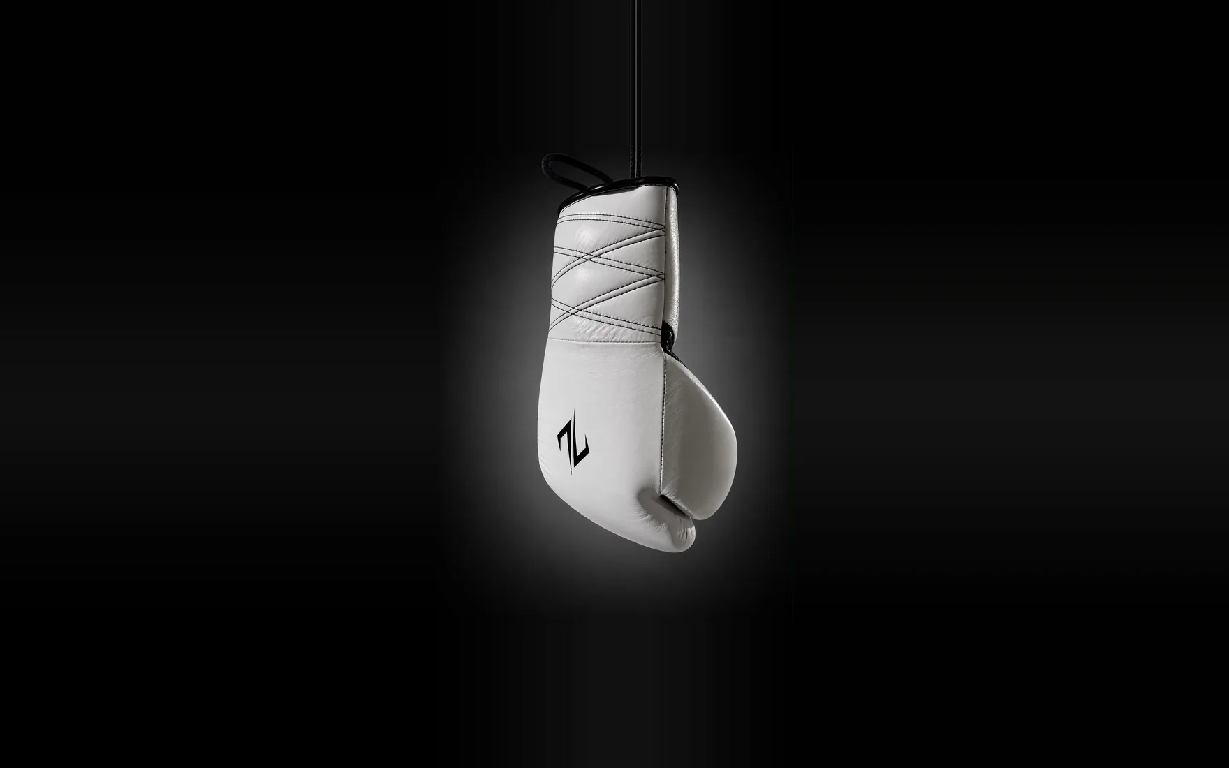 The Zanko Hybrid 360 boxing glove in white, hanging by its laces.
